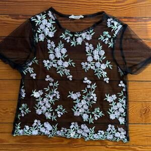 Black Mesh Top with Floral Embroidery